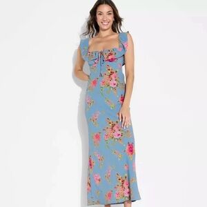 Wild Fable Women's Flounce Sleeve Maxi Empire Waist Dress - Slate Blue Floral